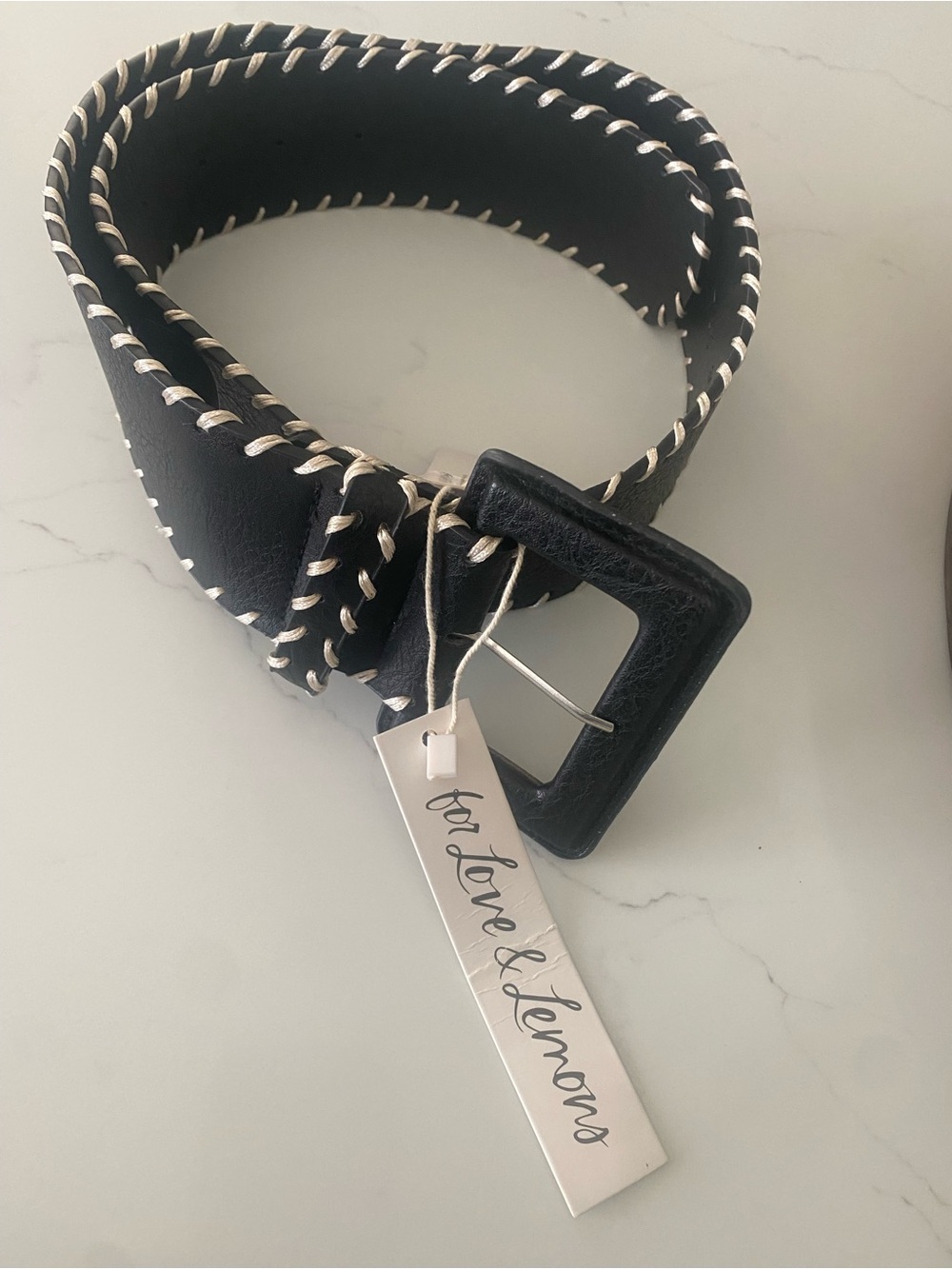 For Love And Lemons Black Whipstitch Belt with Square Buckle. OS